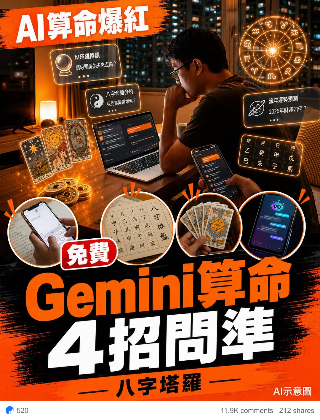 AI fortune-telling tips Jetso Facebook post with interaction figures